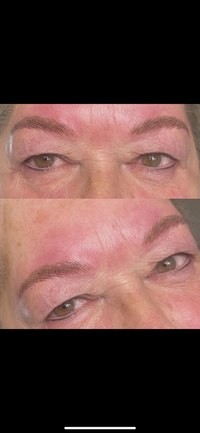 A before and after picture of a woman 's eyebrows.